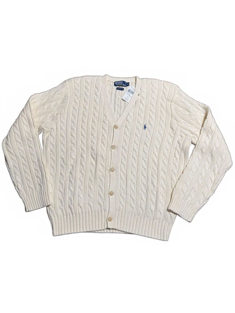 Polo Ralph Lauren Mens Cable Knit Cardigan Sweater Cotton XL Cream NWT Heavy